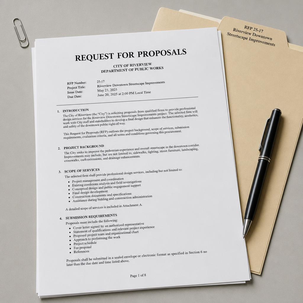 A municipal request for proposals document on a desk with a manila folder and pen